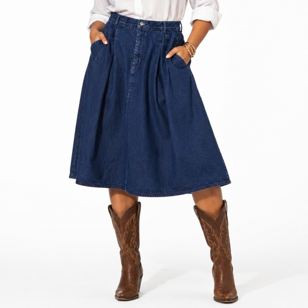 Vintage Pleated Western Denim Skirt Womens 14 Levis Group 12 Dark Wash Midi Boho